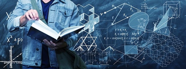 Illustration: Man holding a book in front of a blackboard covered in equations