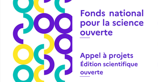 Logo du Fonds National pour la Science Ouverte à gauche de l'image. Sur la droite, le texte suivant : Fonds National pour la Science Ouverte. Appel à projet édition scientifique ouverte
